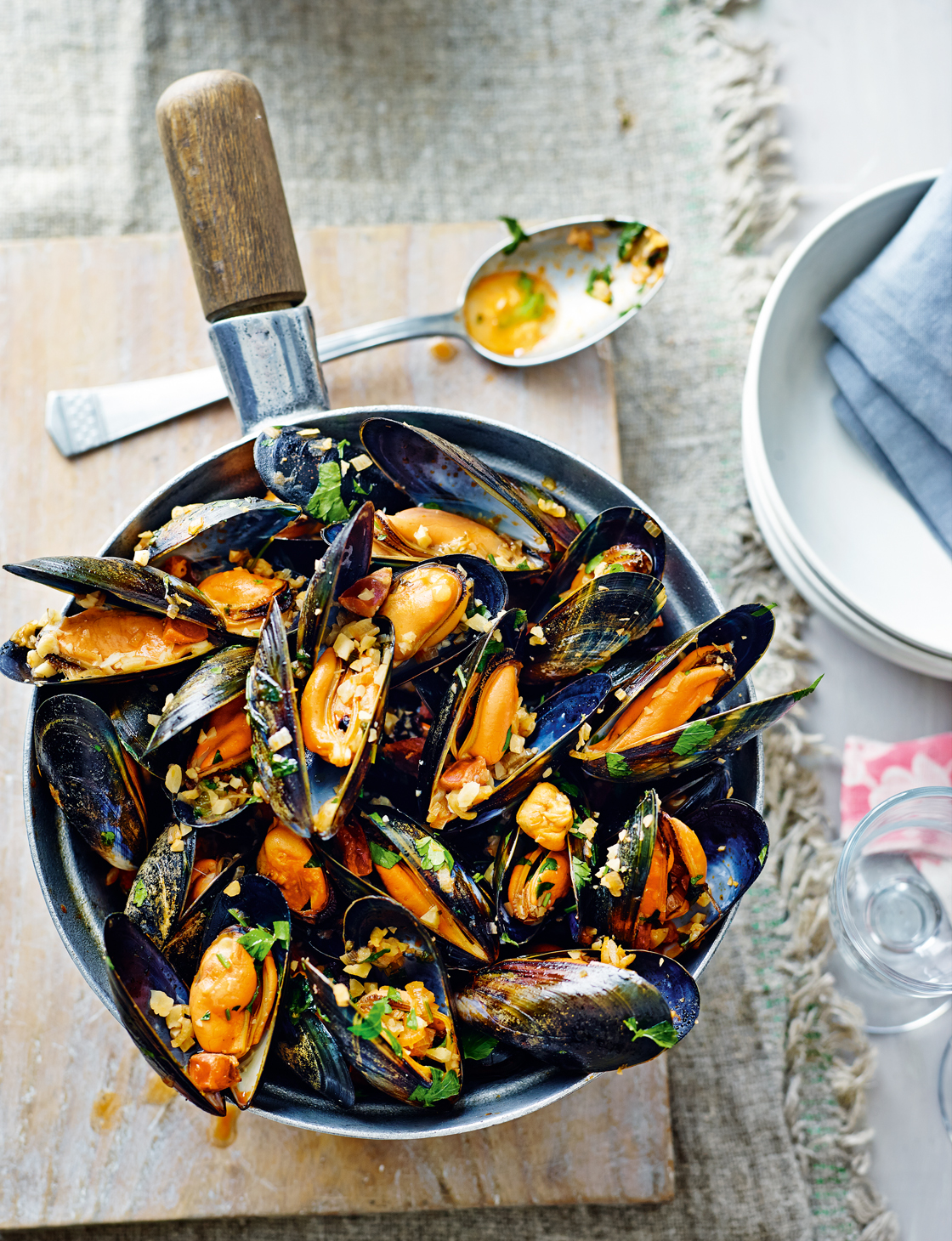 Mussels with chorizo, almonds and parsley Sainsbury`s Magazine
